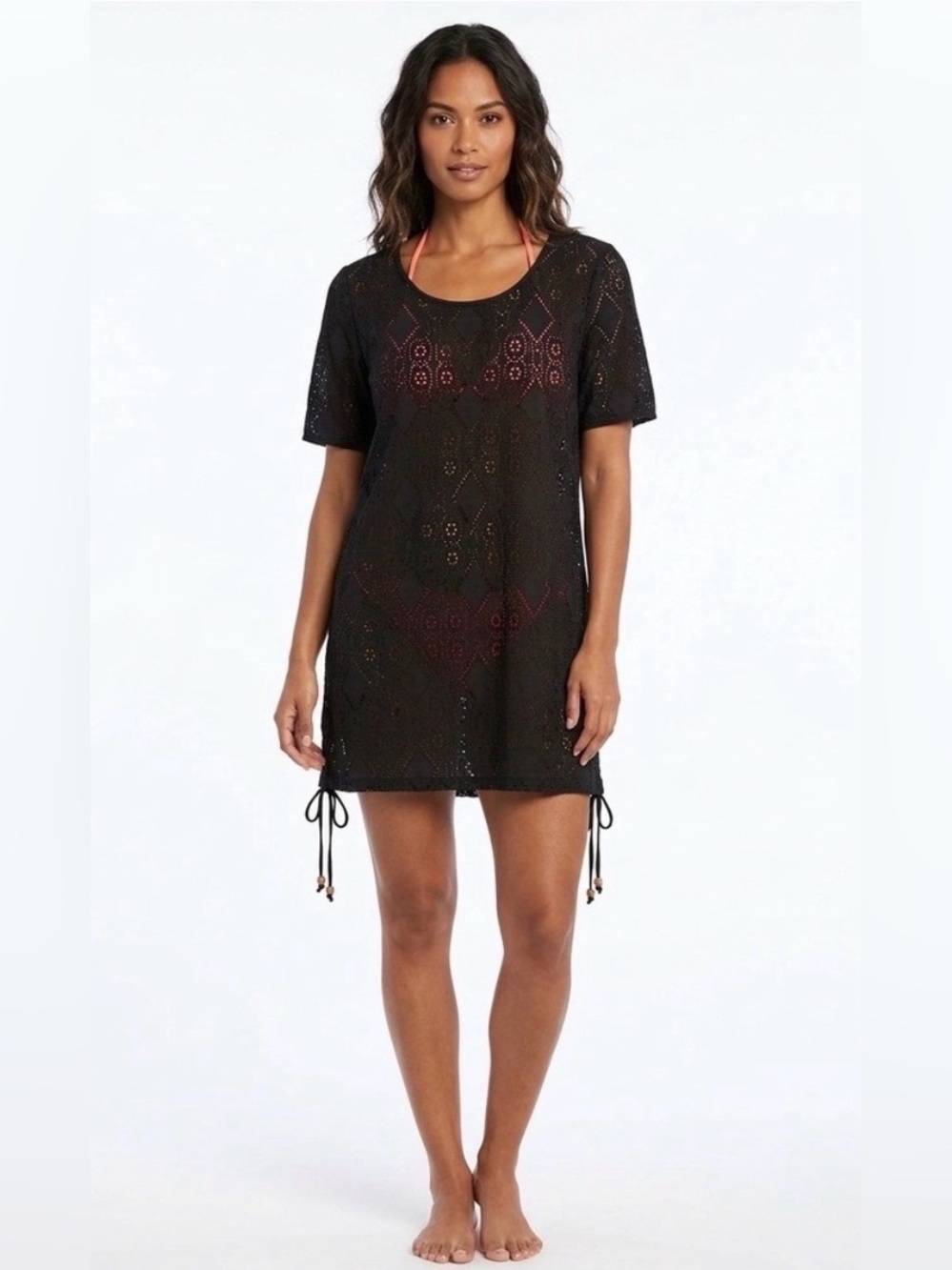 Black Crochet Short-Sleeve Swim Cover-Up Tunic